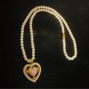 Sold.Vintage 90s Champagne Faux Pearl/Gold Cottage Core Valentine Heart Pendant